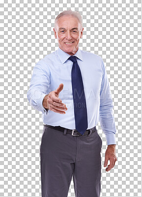 Buy stock photo Senior businessman, portrait and handshake for hiring or meeting isolated on a transparent PNG background. Mature man, CEO or executive shaking hands in recruiting, greeting or introduction for deal