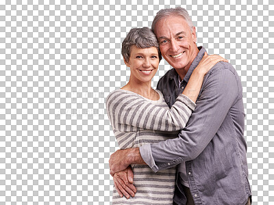 Buy stock photo Embrace, smile and portrait of old couple isolated on transparent png background in trust, love and care. Support, senior man and happy woman hug in romantic bonding, marriage and retirement together