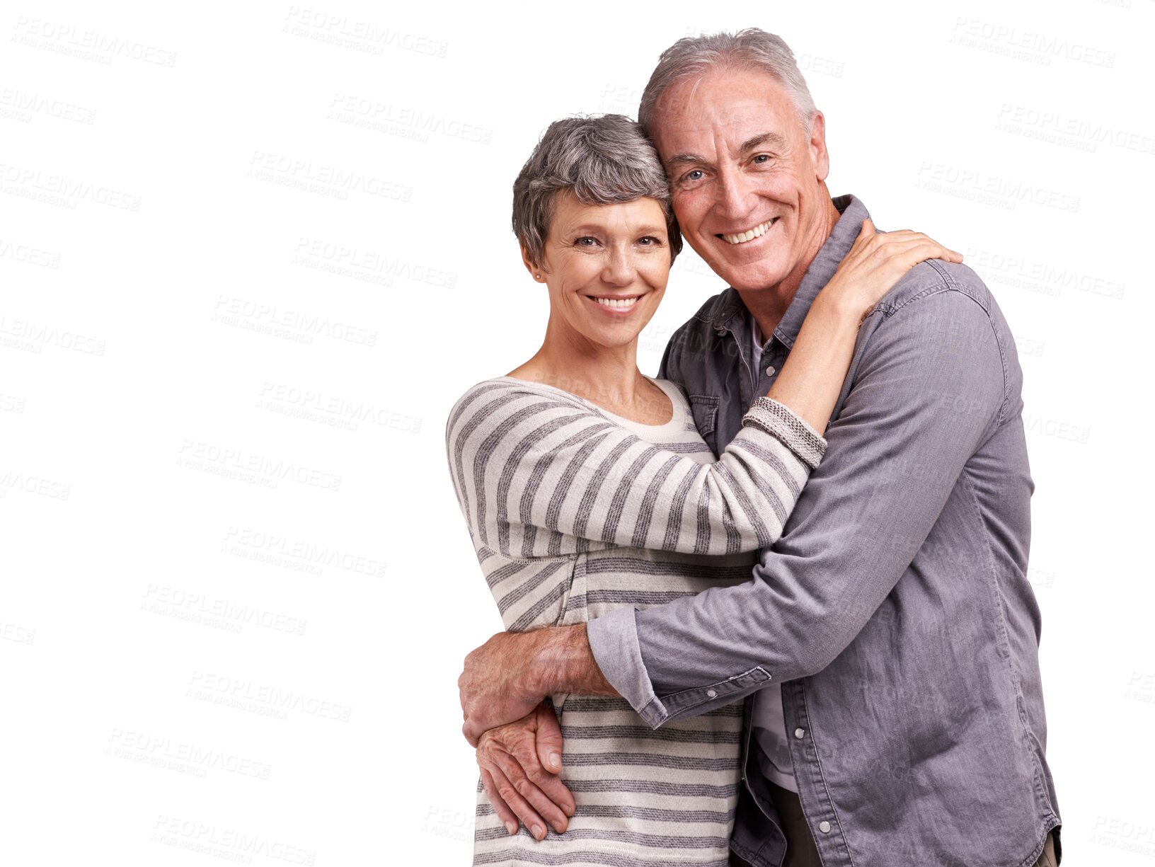 Buy stock photo Embrace, smile and portrait of old couple isolated on transparent png background in trust, love and care. Support, senior man and happy woman hug in romantic bonding, marriage and retirement together