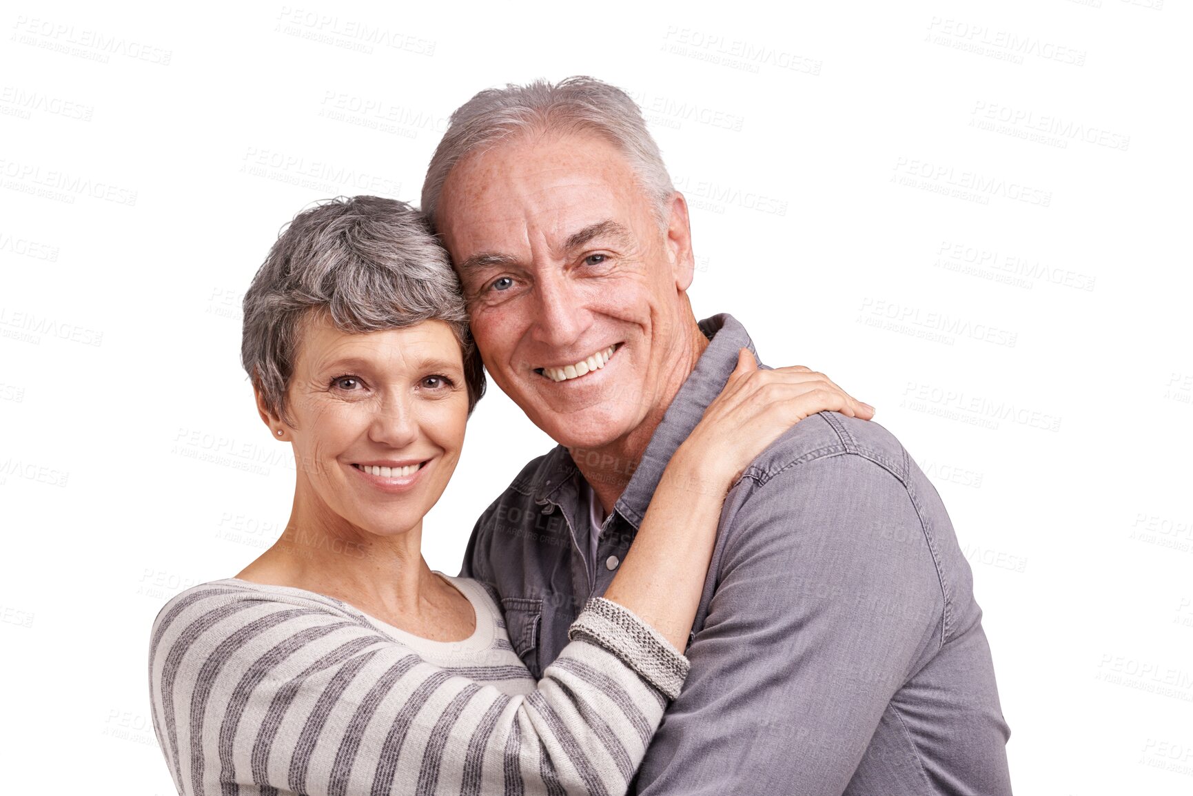 Buy stock photo Marriage, embrace and portrait of old couple isolated on transparent png background in trust, love and care. Support, senior man and happy woman hug in romantic bonding, smile and retirement together