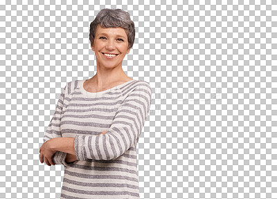 Buy stock photo Smile, portrait and mature woman with arms crossed isolated on a transparent png background. Happy face, positive and confident person in casual clothes for fashion, style and trendy in Australia