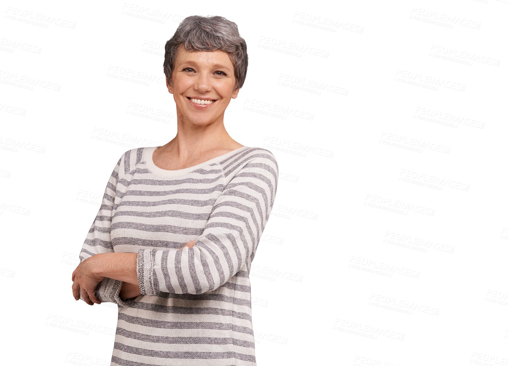 Buy stock photo Smile, portrait and mature woman with arms crossed isolated on a transparent png background. Happy face, positive and confident person in casual clothes for fashion, style and trendy in Australia