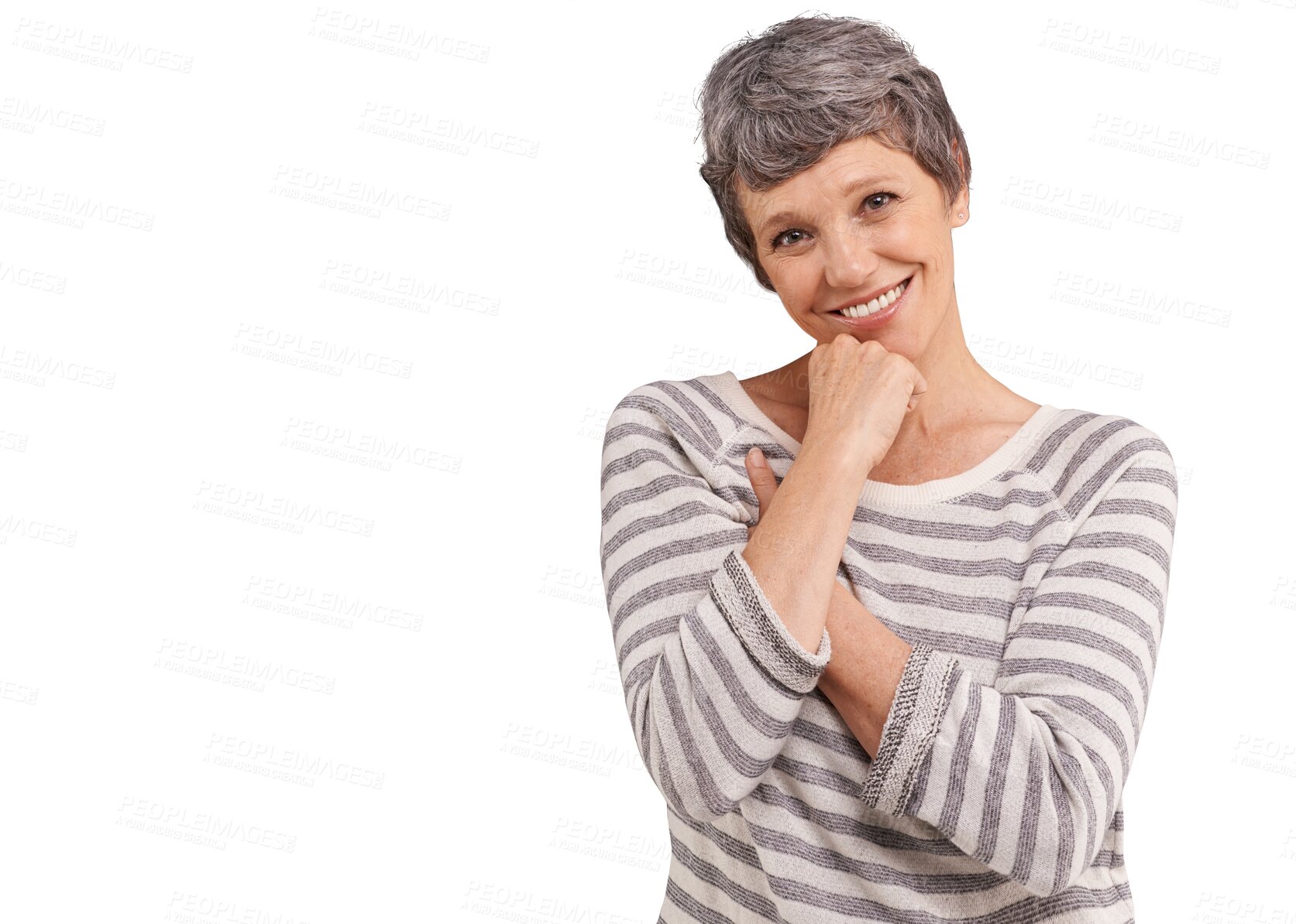 Buy stock photo Senior woman, portrait with smile and retirement with positive attitude isolated on png transparent background. Mature German model, face and happiness with natural beauty, wellness and relax