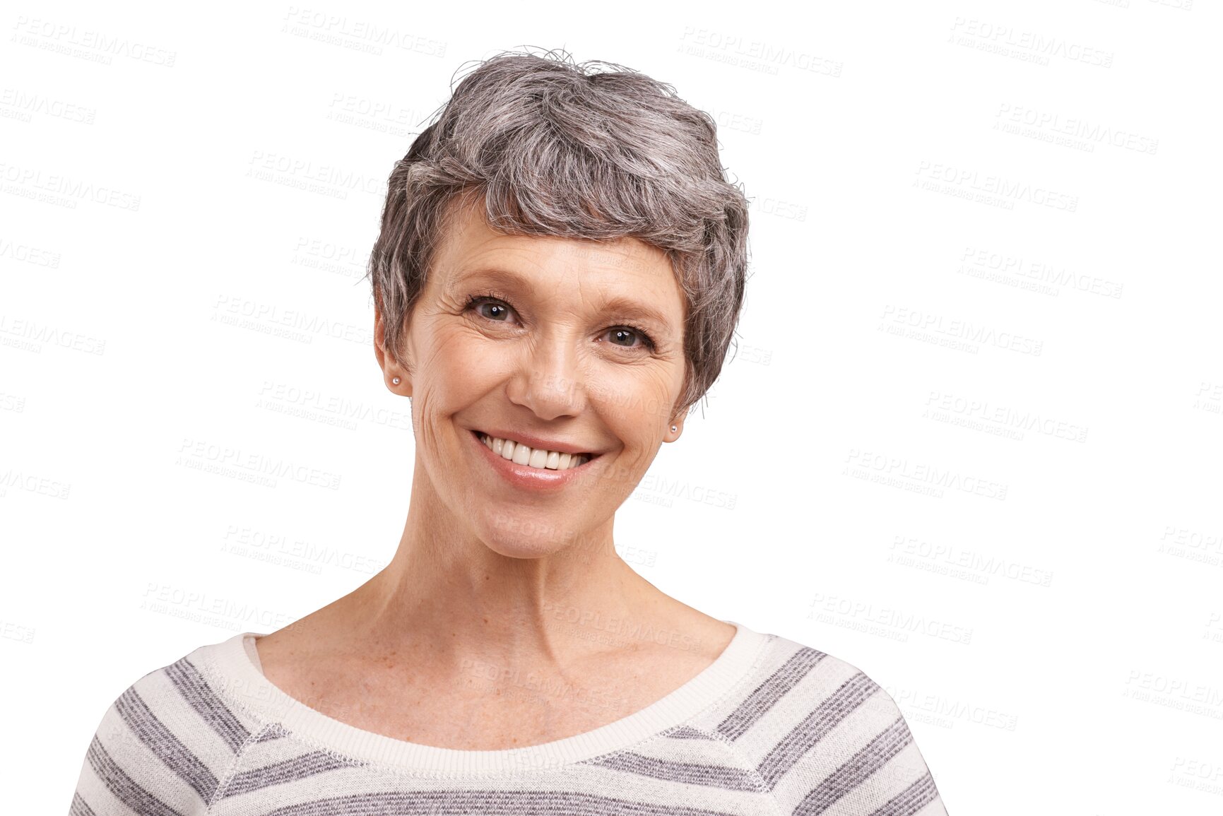Buy stock photo Mature woman, portrait with smile and retirement with positive attitude isolated on png transparent background. Senior German model, face and happiness with natural beauty, wellness and relax