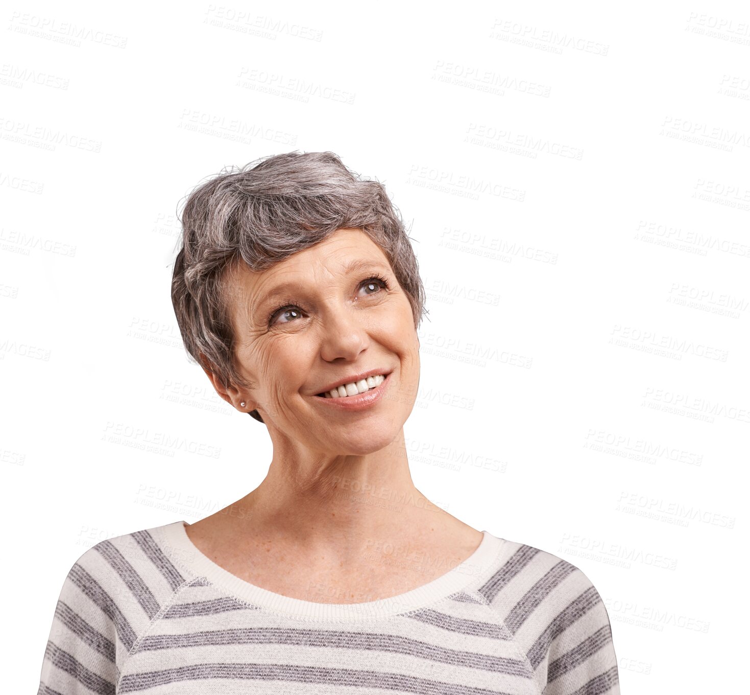 Buy stock photo Senior woman, thinking and ideas or solution for financial goals, looking up at information or planning. Happy mature person vision, retirement goals and hope isolated on transparent, png background