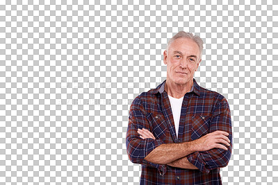 Buy stock photo Portrait, serious and elderly man with arms crossed isolated on transparent png background. Face, senior and confident person in casual clothes for fashion style, trendy and retirement in Australia