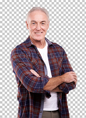 Buy stock photo Portrait, smile and senior man with arms crossed isolated on a transparent png background. Happy face, elderly and confident person in casual clothes for fashion, style and retirement in Canada