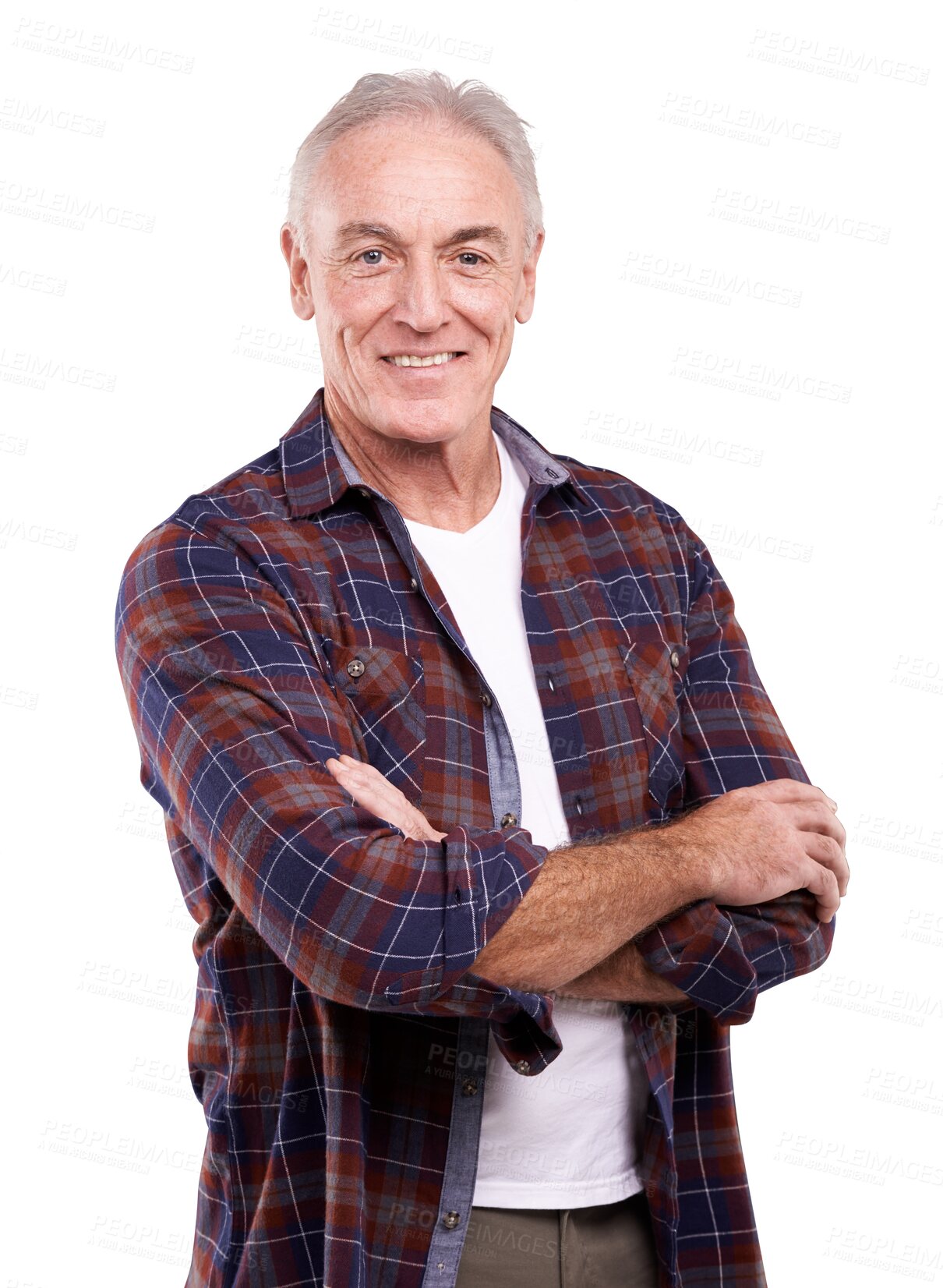 Buy stock photo Portrait, smile and senior man with arms crossed isolated on a transparent png background. Happy face, elderly and confident person in casual clothes for fashion, style and retirement in Canada