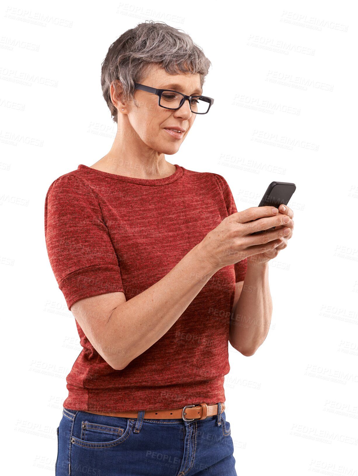 Buy stock photo Senior woman, phone and typing in social media or communication isolated on a transparent PNG background. Mature female person chatting or texting on mobile smartphone app for online networking