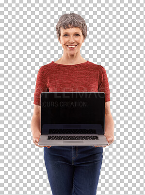 Buy stock photo Senior woman, laptop screen and mockup of website marketing or asset management presentation. Portrait of person, computer space and pension faq or information isolated on transparent, png background