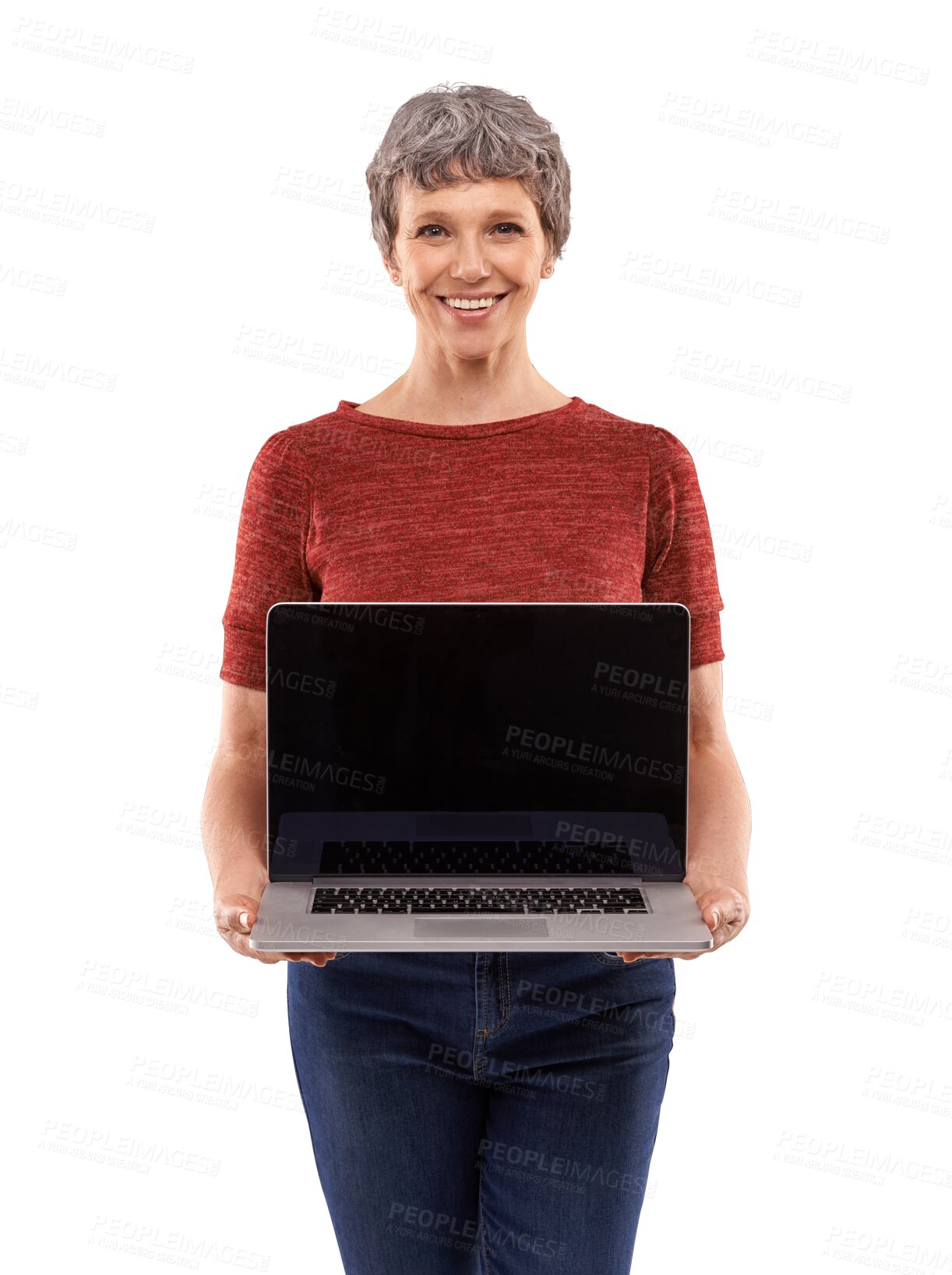 Buy stock photo Senior woman, laptop screen and mockup of website marketing or asset management presentation. Portrait of person, computer space and pension faq or information isolated on transparent, png background