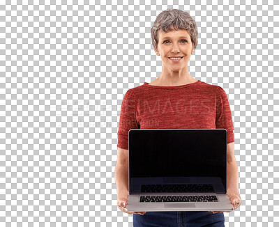 Buy stock photo Senior woman, laptop screen and mockup of website marketing or asset management presentation. Portrait of person, computer space and pension faq or information isolated on transparent, png background