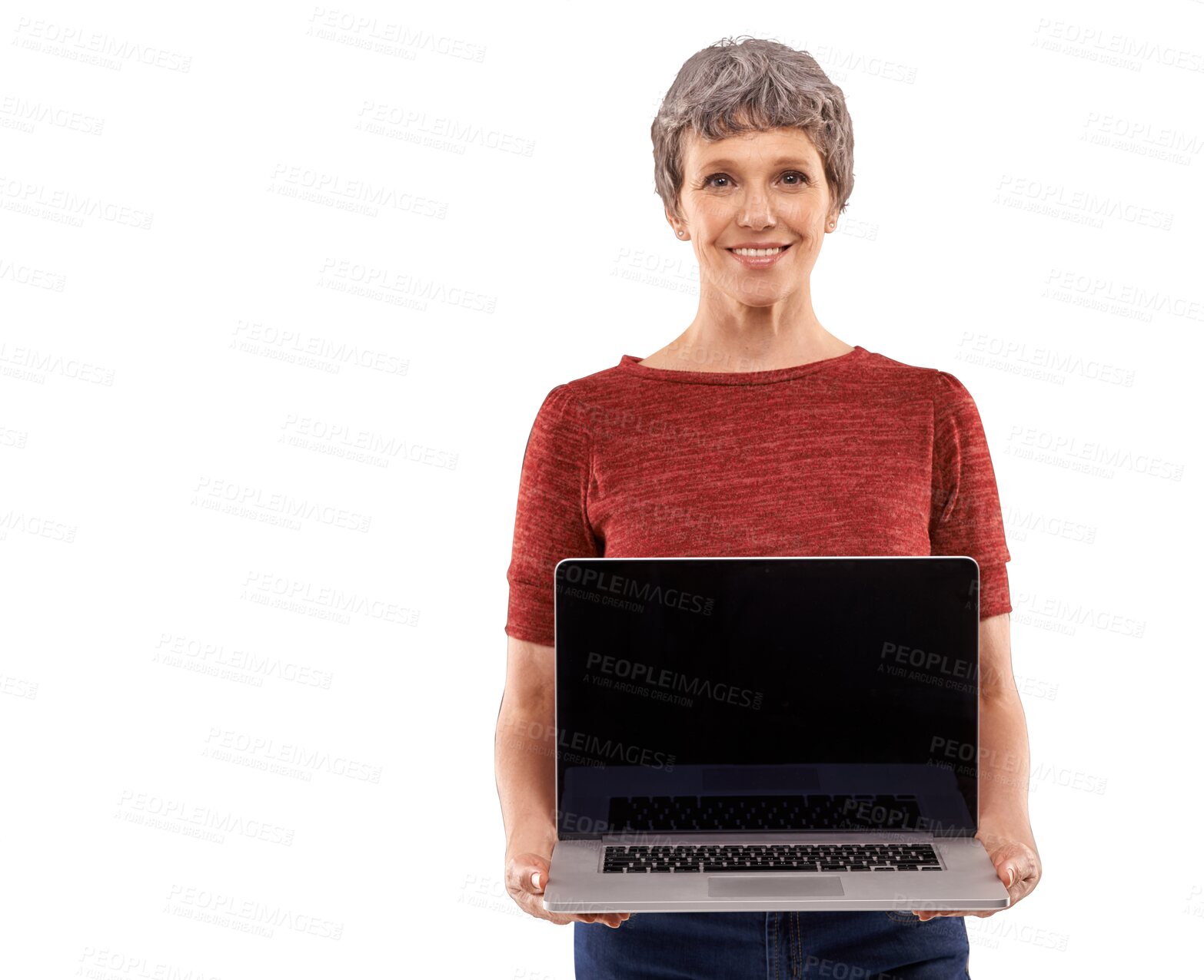 Buy stock photo Senior woman, laptop screen and mockup of website marketing or asset management presentation. Portrait of person, computer space and pension faq or information isolated on transparent, png background