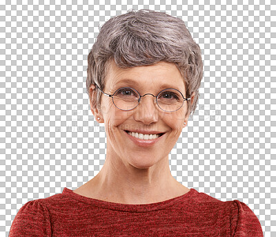 Buy stock photo Senior woman, portrait with smile and glasses, retirement with positive attitude and vision isolated on png transparent background. Mature model, eyewear and happy with natural beauty and eye care