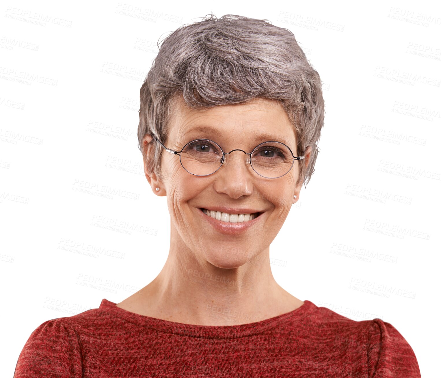 Buy stock photo Senior woman, portrait with smile and glasses, retirement with positive attitude and vision isolated on png transparent background. Mature model, eyewear and happy with natural beauty and eye care