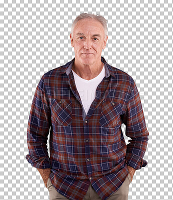 Buy stock photo Portrait, serious and elderly man with confidence isolated on a transparent png background. Face, senior and person with hands in pocket in casual clothes for fashion, style and retirement in Canada