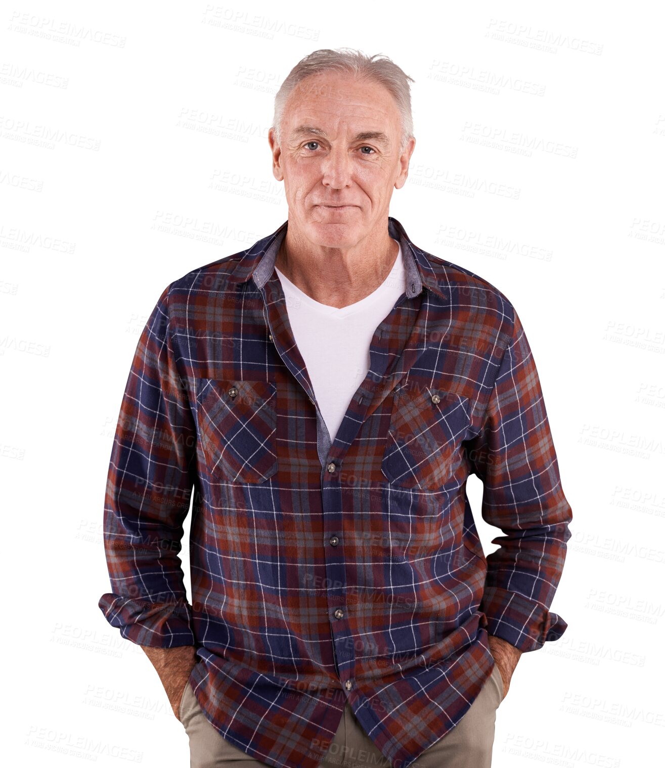 Buy stock photo Portrait, serious and elderly man with confidence isolated on a transparent png background. Face, senior and person with hands in pocket in casual clothes for fashion, style and retirement in Canada