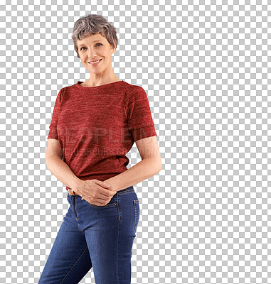 Buy stock photo Senior woman, portrait and standing in confidence with smile isolated on a transparent PNG background. Happy and confident mature female person with jeans, tshirt or casual fashion in retirement