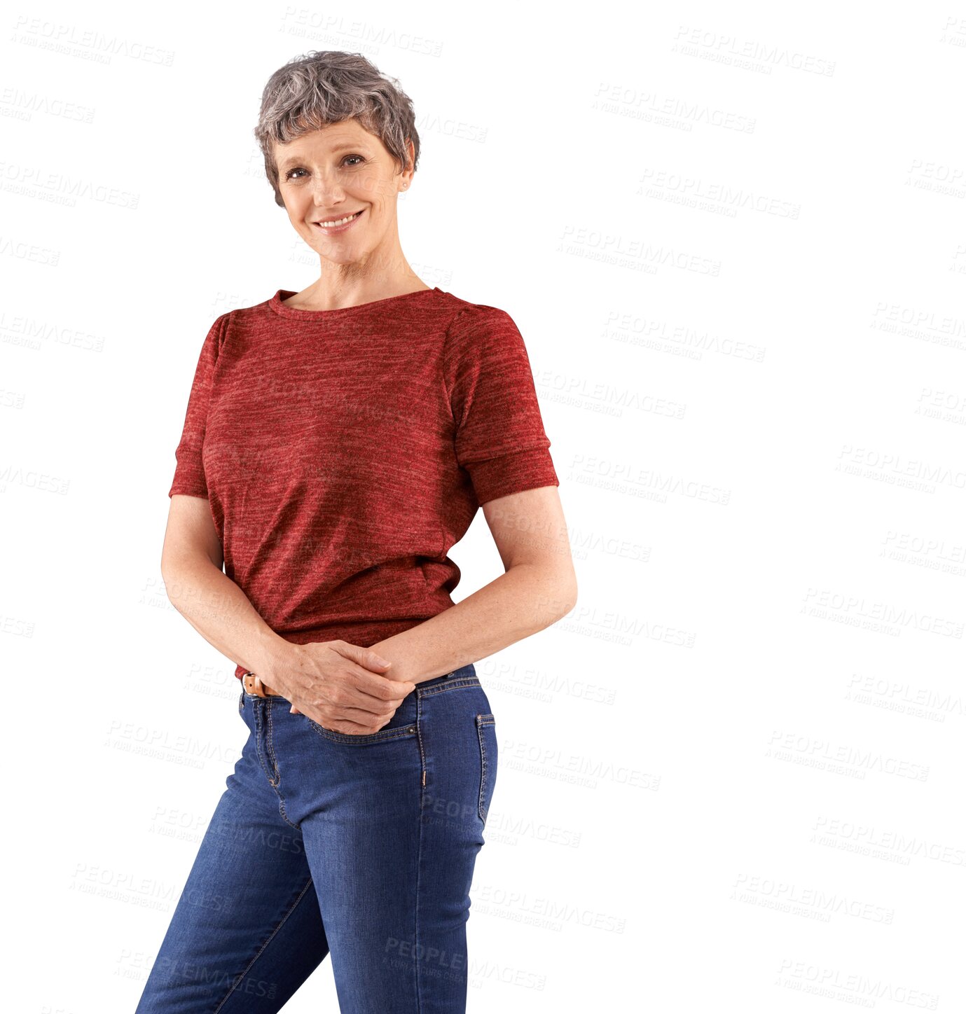 Buy stock photo Senior woman, portrait and standing in confidence with smile isolated on a transparent PNG background. Happy and confident mature female person with jeans, tshirt or casual fashion in retirement