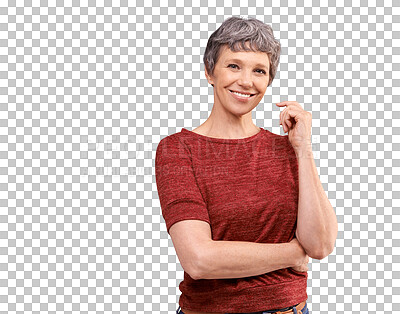 Buy stock photo Happy, senior woman and arms crossed in casual style and confidence isolated on transparent png background. Portrait of mature person or model smile with pension or retirement mindset and happiness