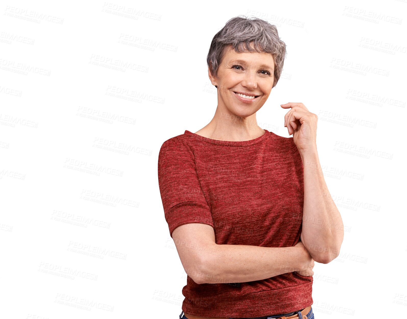 Buy stock photo Happy, senior woman and arms crossed in casual style and confidence isolated on transparent png background. Portrait of mature person or model smile with pension or retirement mindset and happiness