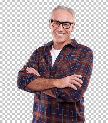 Buy stock photo Portrait, glasses and senior man with arms crossed isolated on a transparent png background. Smile, eyewear and confident person in casual clothes for fashion, style or happy for retirement in Canada