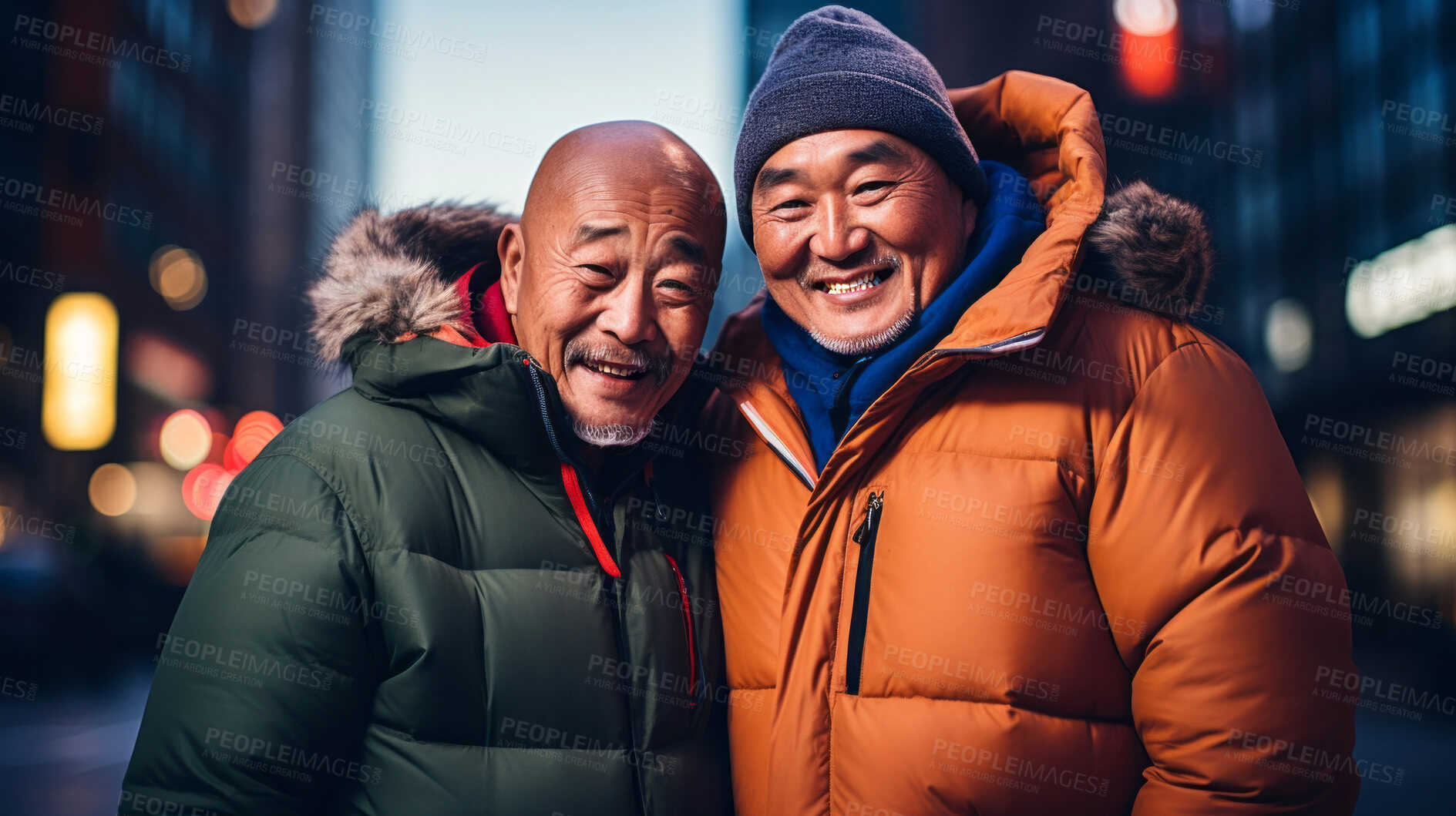 Buy stock photo Senior retired city friends travel in winter together. Outdoor travel fashion