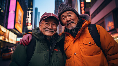 Senior retired city friends travel in winter together. Outdoor travel fashion