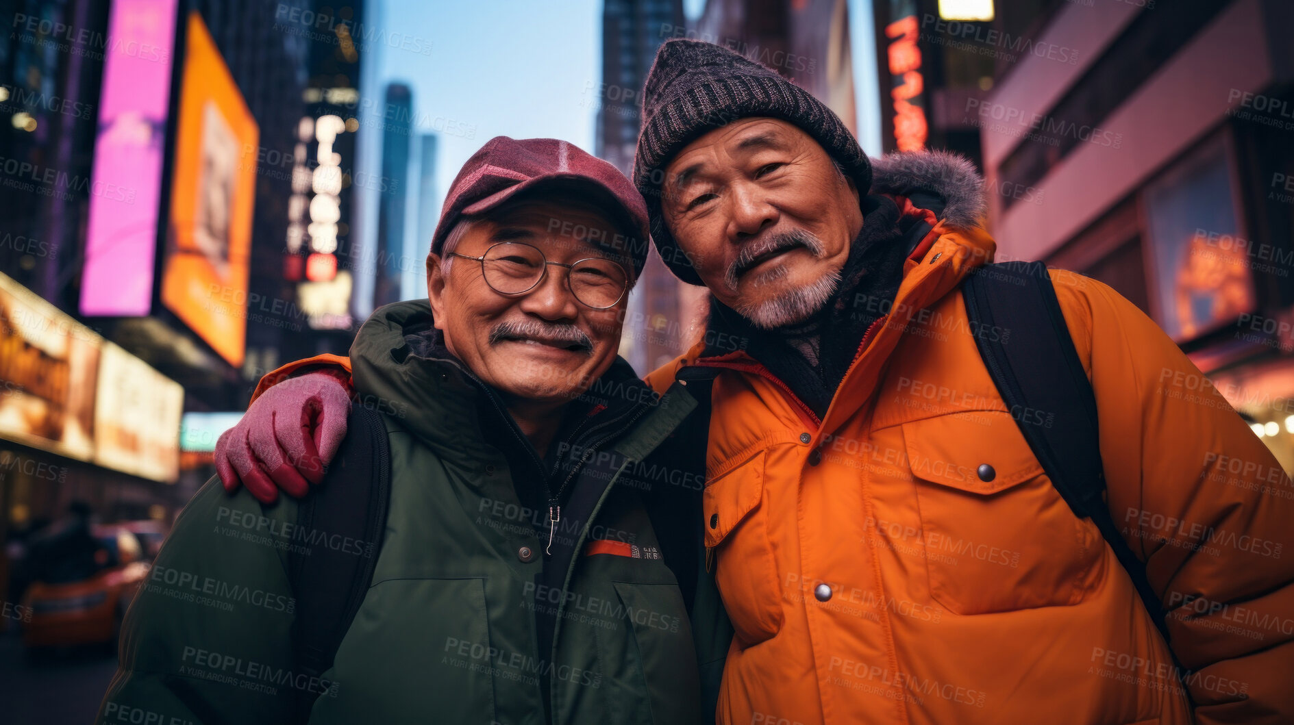 Buy stock photo Senior retired city friends travel in winter together. Outdoor travel fashion