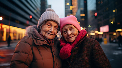 Senior retired city friends travel in winter together. Outdoor travel fashion