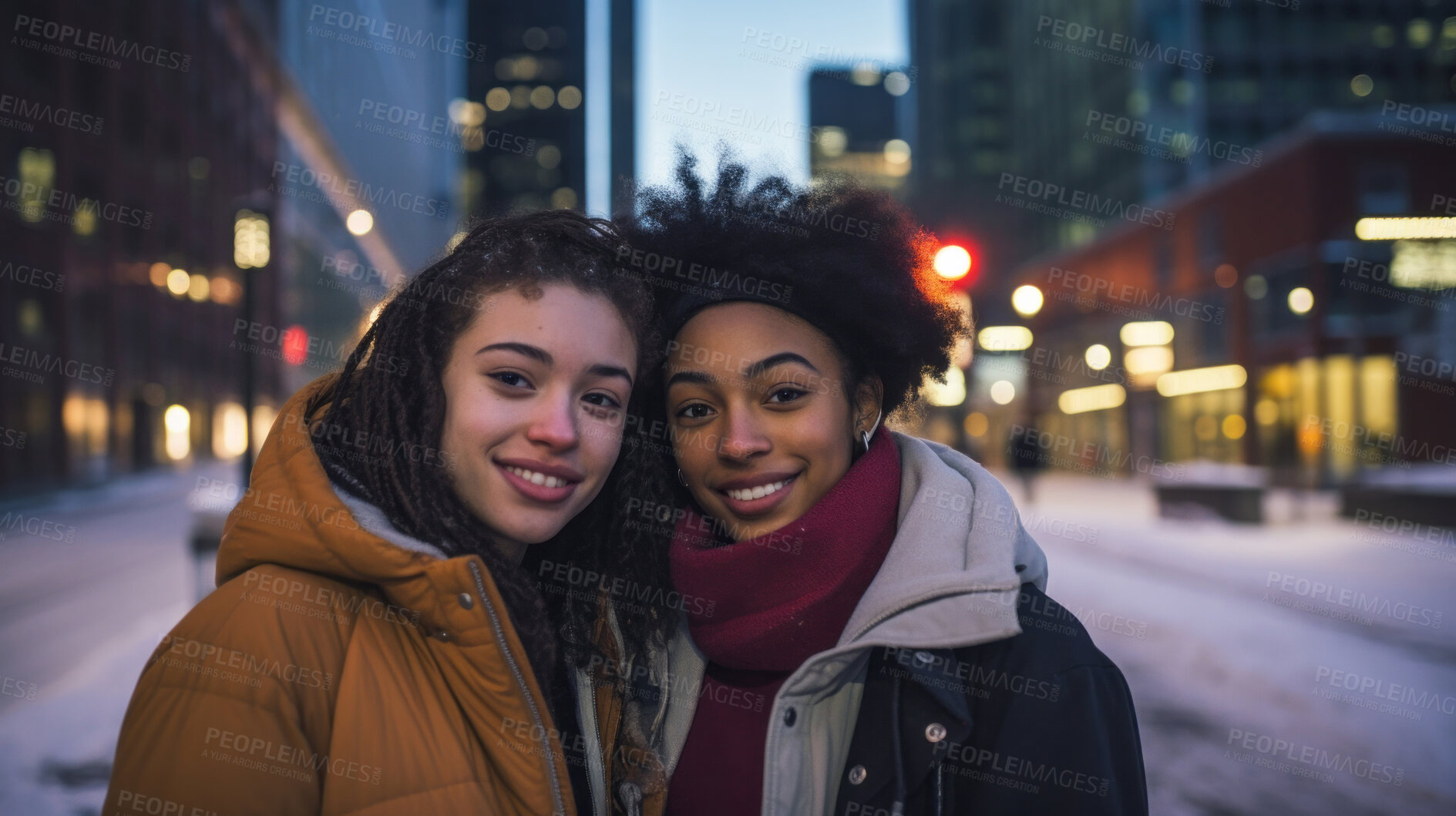 Buy stock photo City friends in winter smiling together having fun. Gen Z outdoor travel fashion