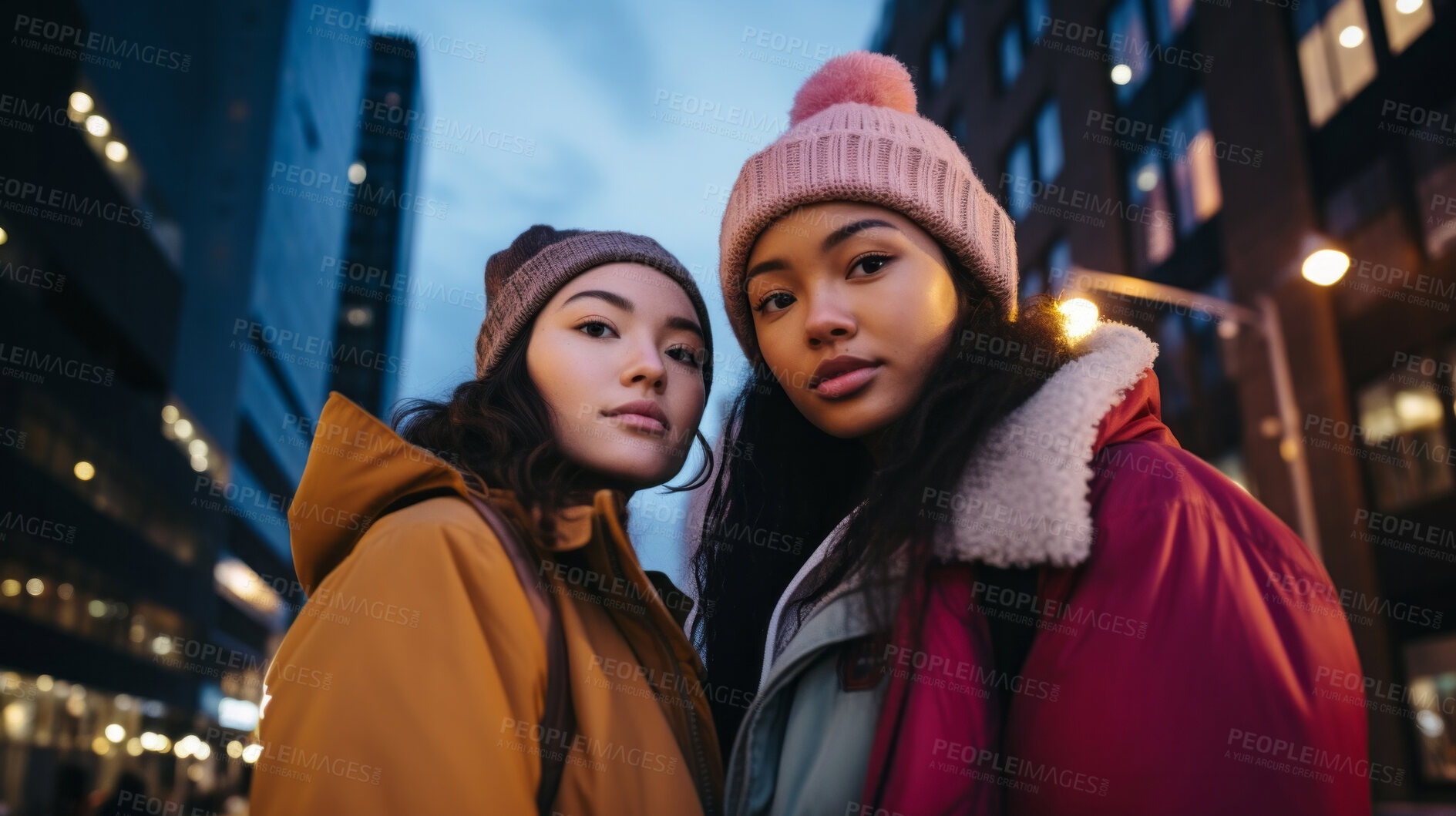 Buy stock photo City friends in winter smiling together having fun. Gen Z outdoor travel fashion