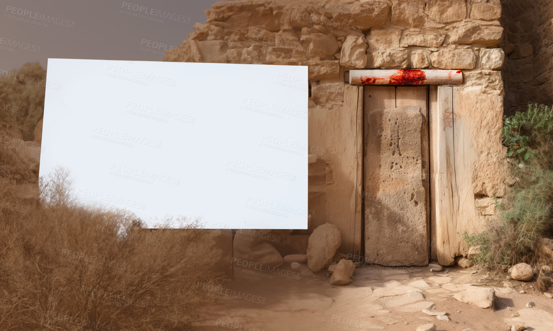 Buy stock photo Ancient hebrew house set in Egypt depicting the passover mark on door frame with white banner for copy.