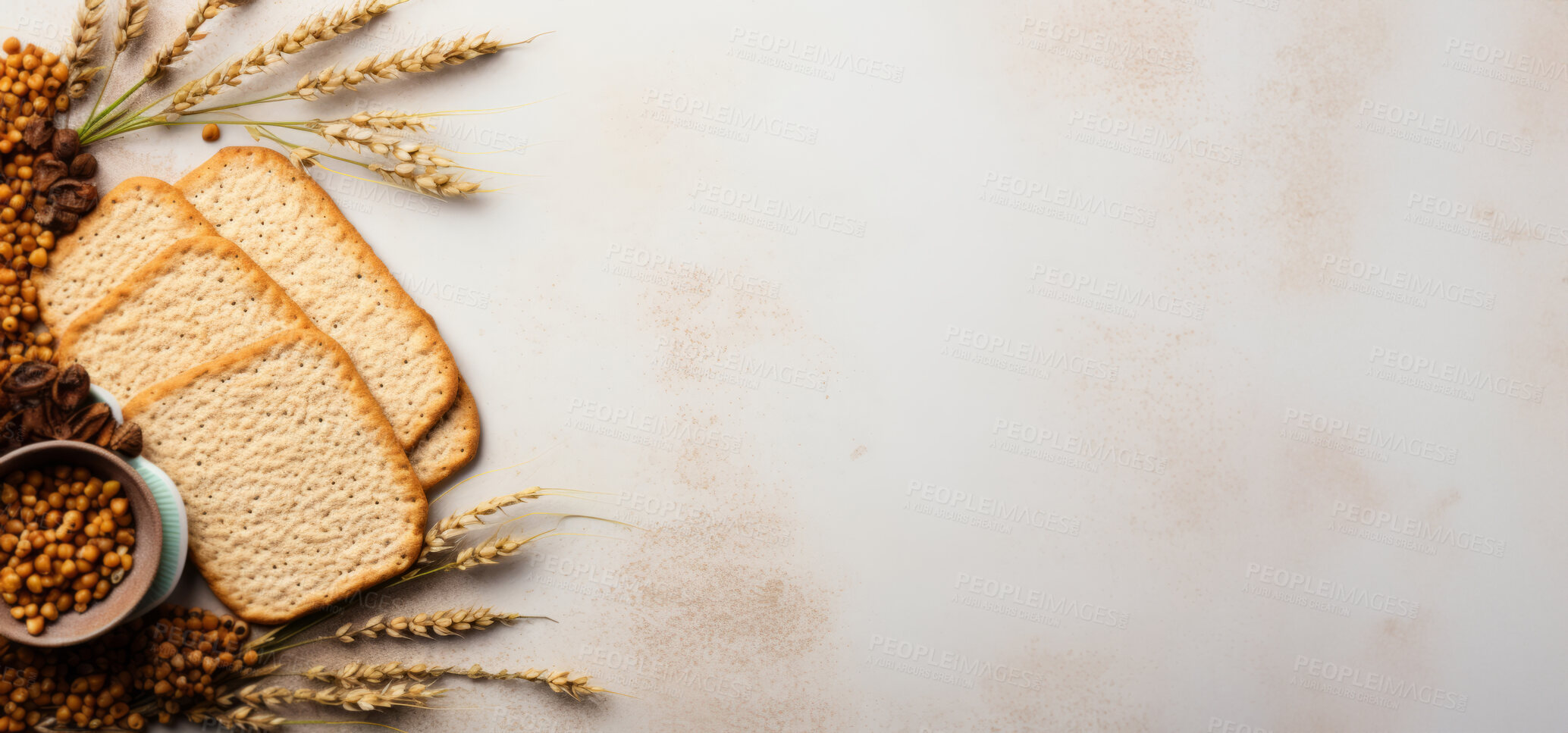 Buy stock photo Top view of traditional jewish passover food on table with copy space.