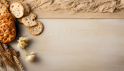 Top view of traditional jewish passover food on table with copy space.