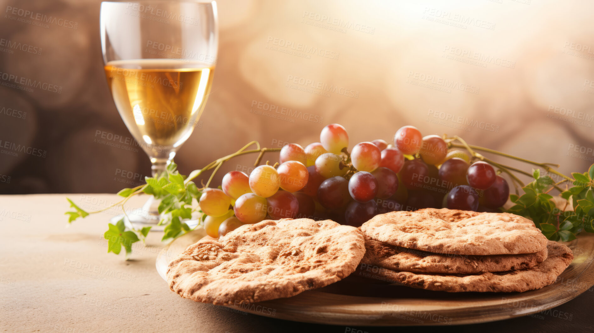 Buy stock photo Close up of traditional jewish passover food on table with copy space .