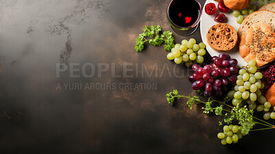 Buy stock photo Top view of traditional jewish passover food on table with copy space .