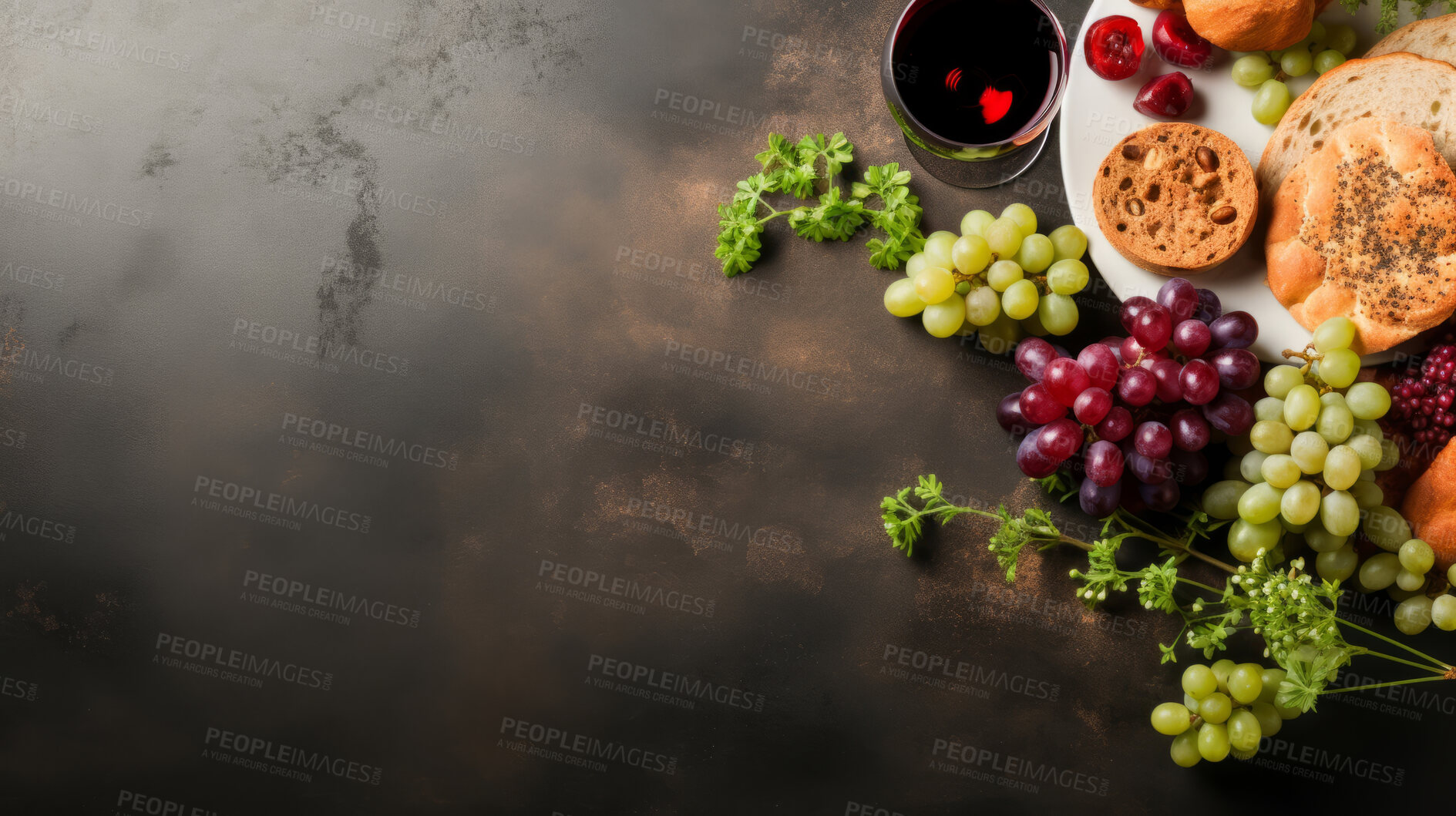 Buy stock photo Top view of traditional jewish passover food on table with copy space .