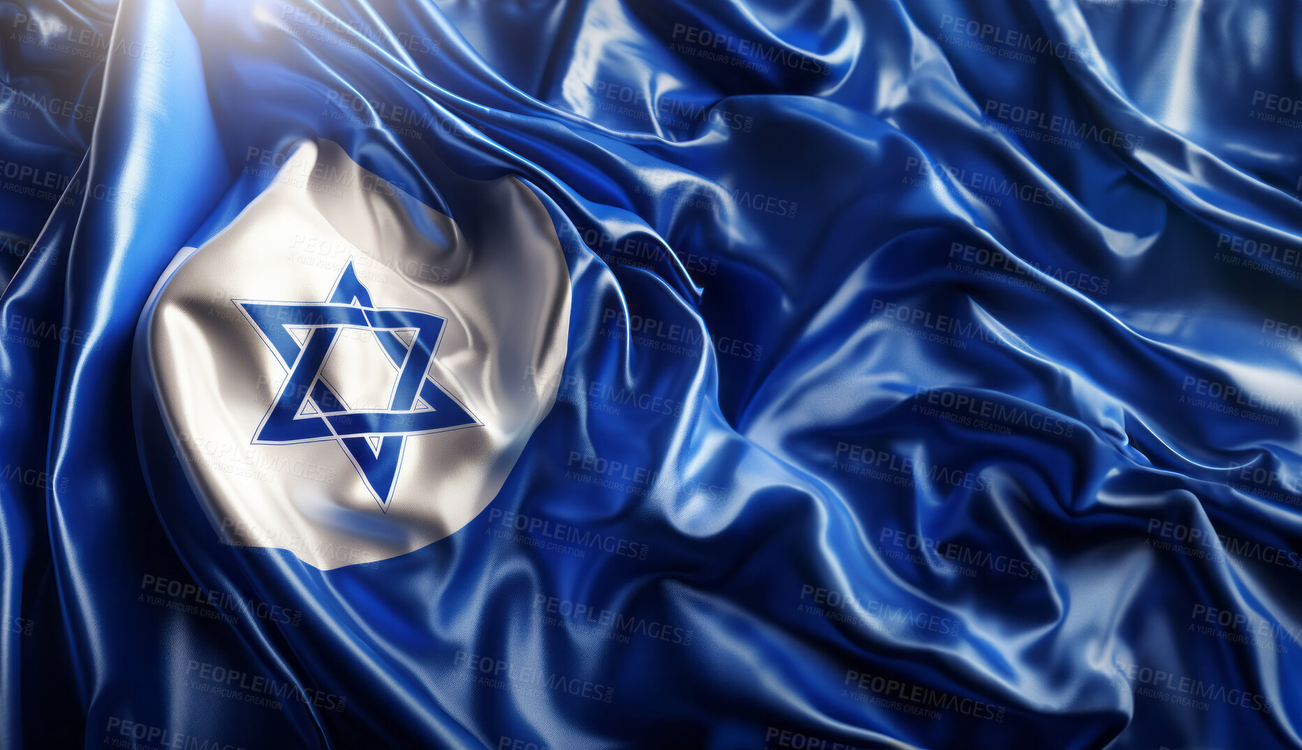 Buy stock photo Image of silk Israeli flag with waves. Depiction Jewish nationalism.