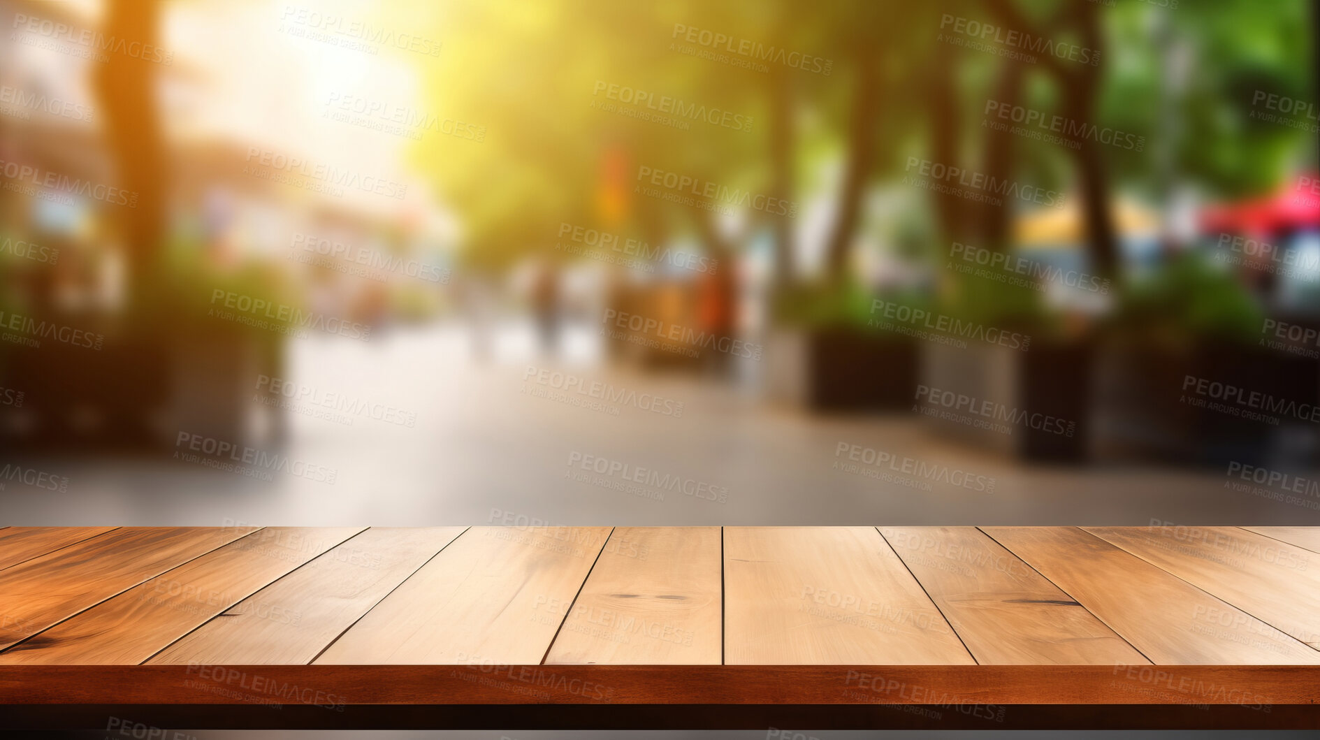 Buy stock photo Empty wooden table and blurred bokeh copyspace background. Product display montage