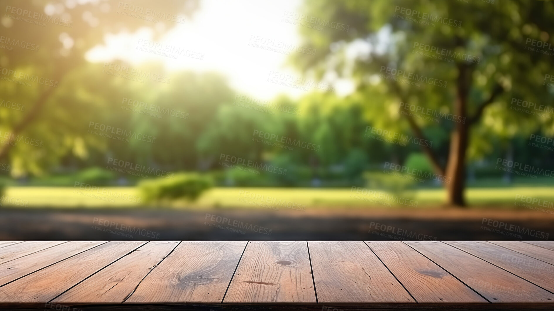 Buy stock photo Empty wooden table on park forest copyspace background. Product display montage