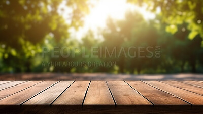 Empty wooden table on park forest copyspace background. Product display montage