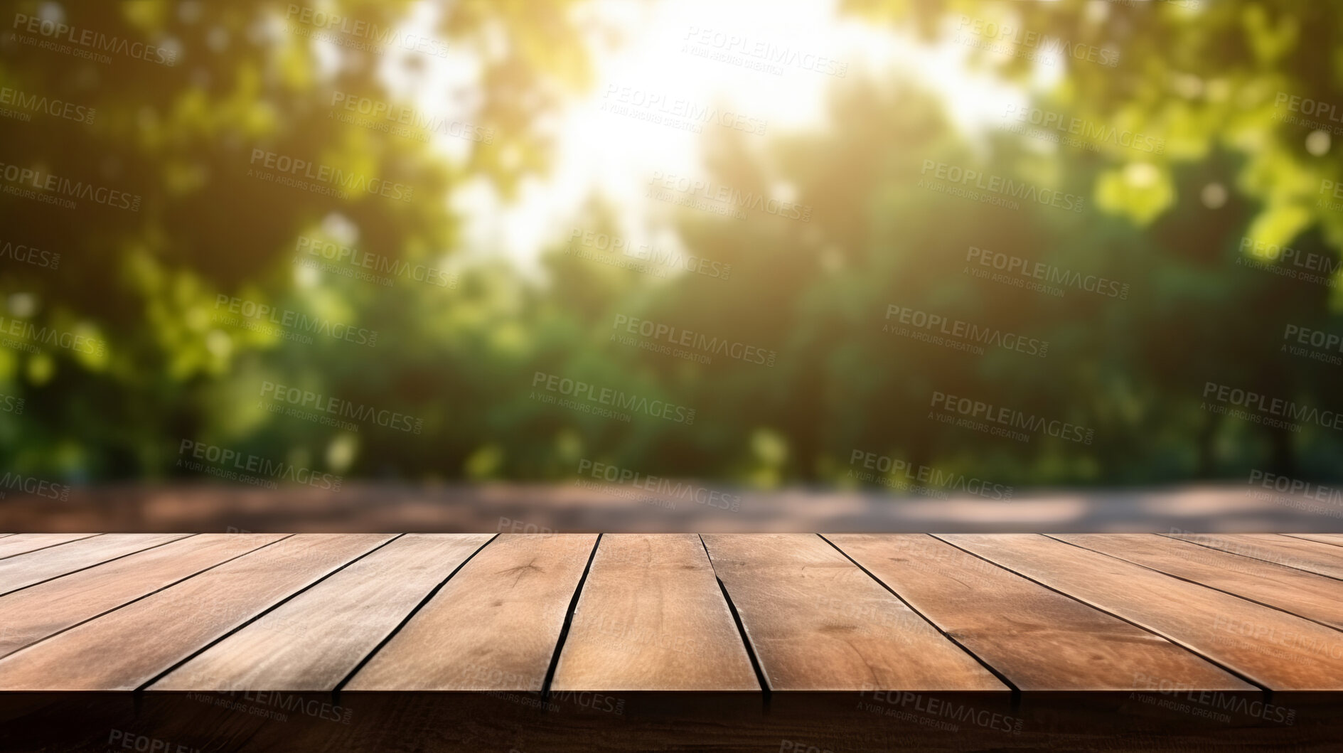 Buy stock photo Empty wooden table on park forest copyspace background. Product display montage