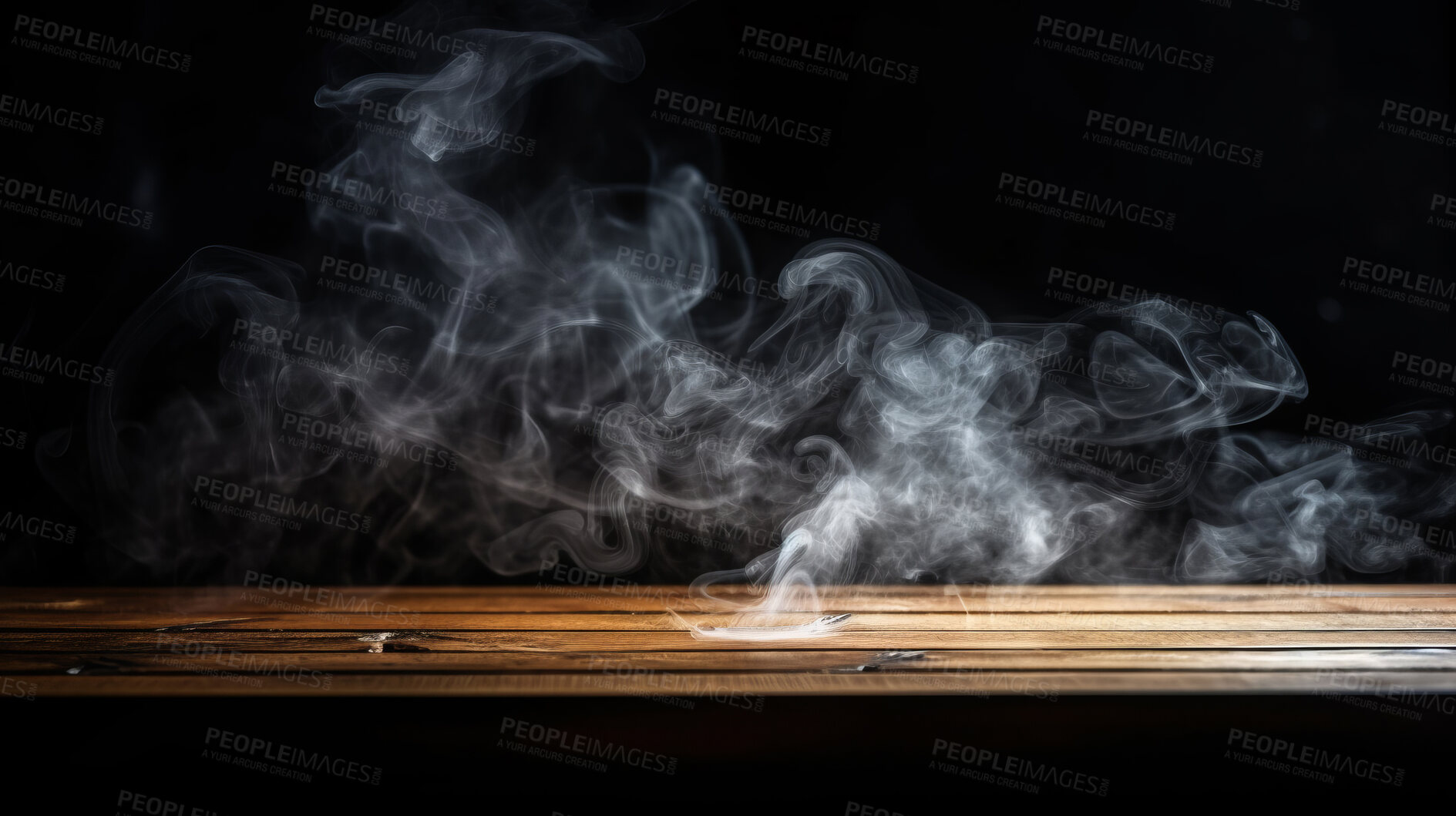 Buy stock photo Empty wooden table with smoke on black copyspace background. Product display montage
