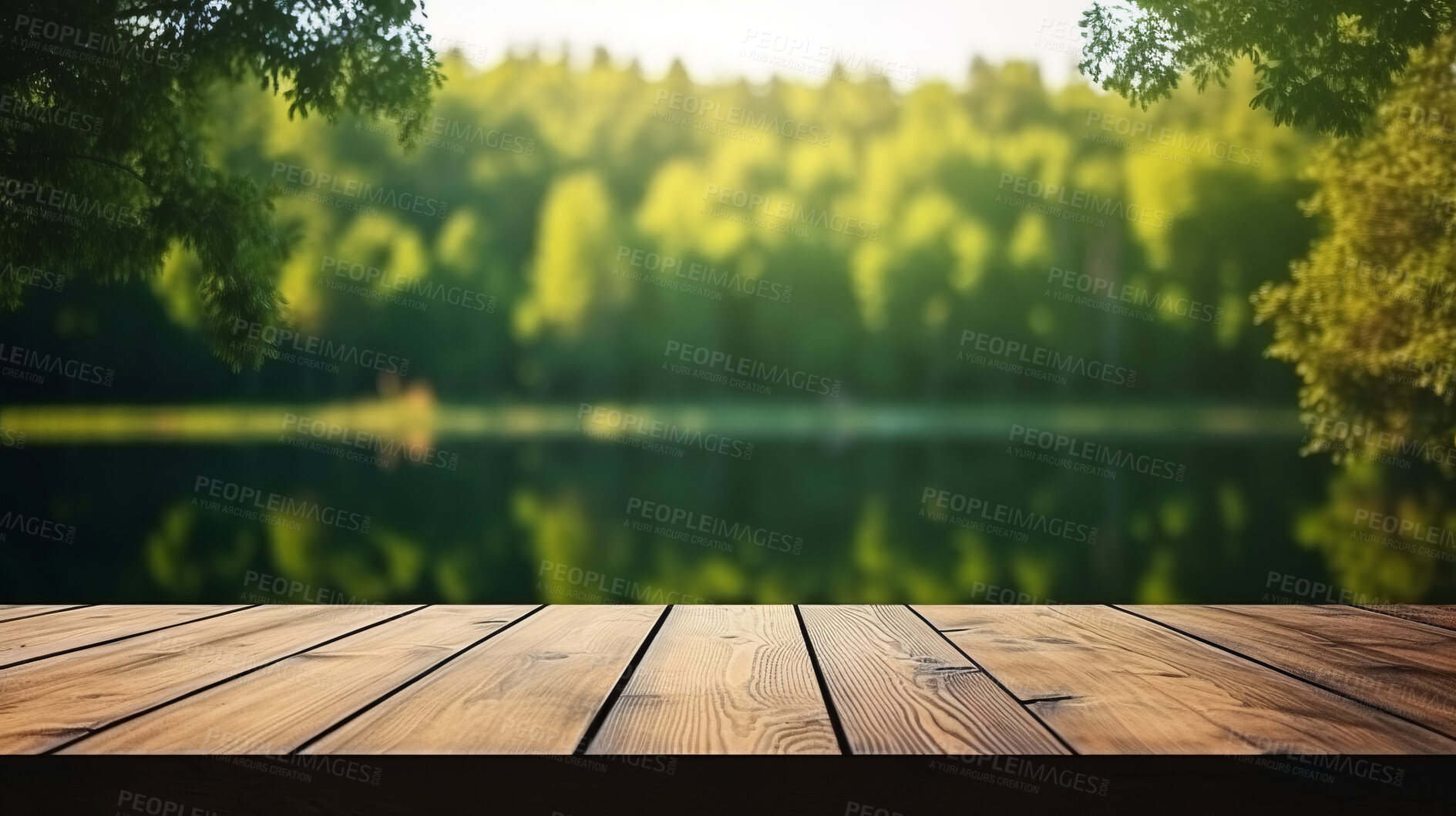 Buy stock photo Empty wooden table on forest lake copyspace background. Product display montage