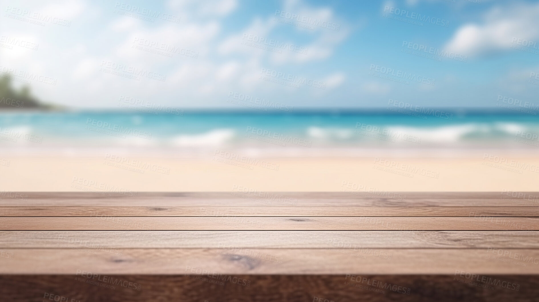 Buy stock photo Empty wooden table on beach copyspace background. Product display montage
