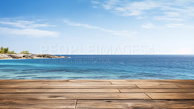 Empty wooden table on ocean copyspace background. Product display montage