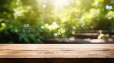 Empty wooden table on park forest copyspace background. Product display montage