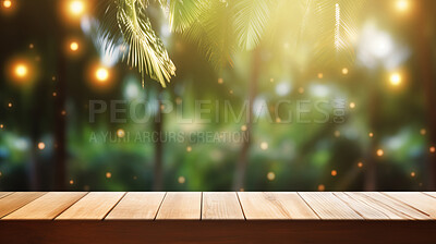 Empty wooden table on tropical forest copyspace background. Product display montage