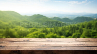 Empty wooden table on tropical forest copyspace background. Product display montage